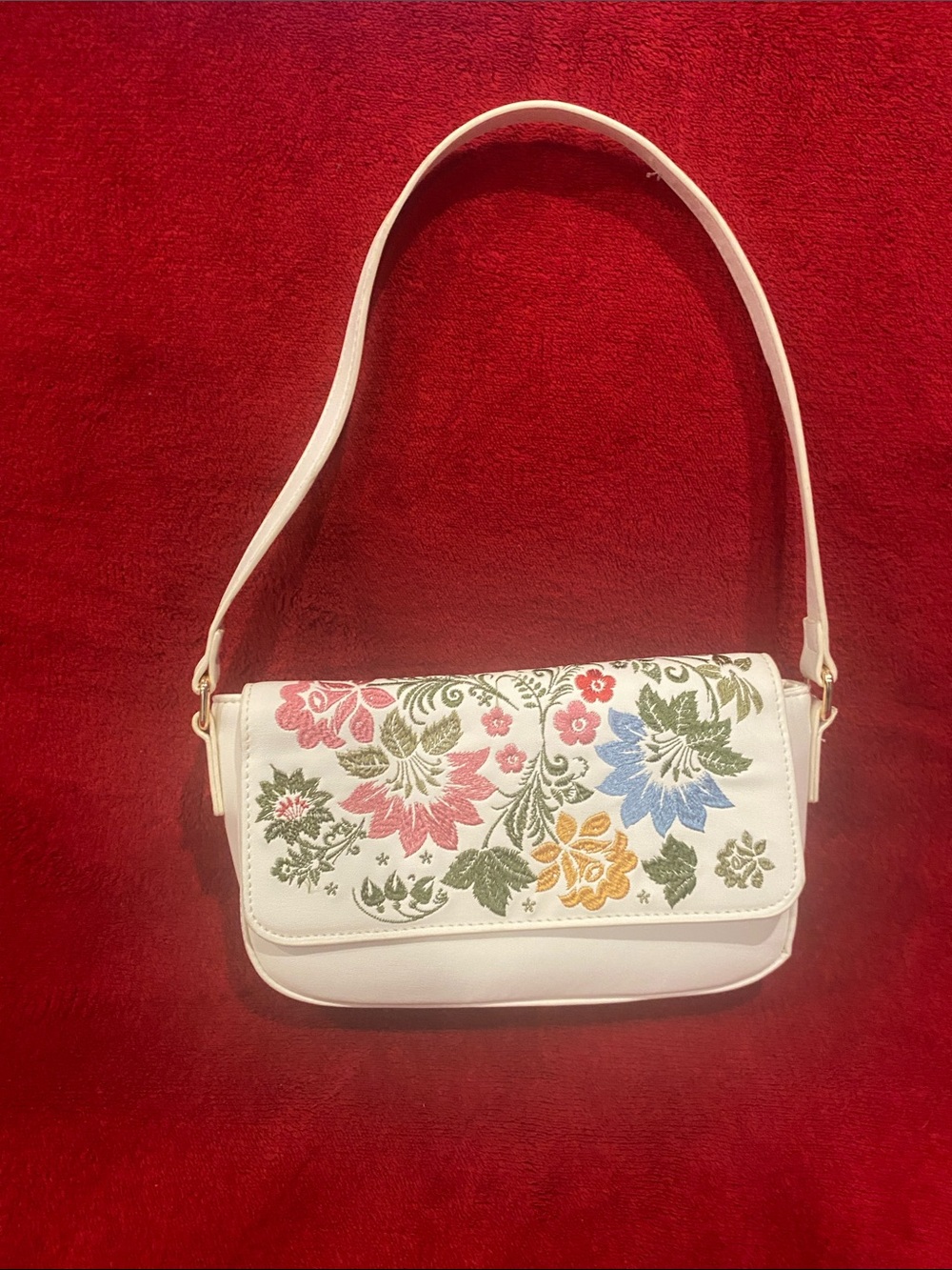 White Floral Embroidered Shoulder Bag with Multicolor Blooms